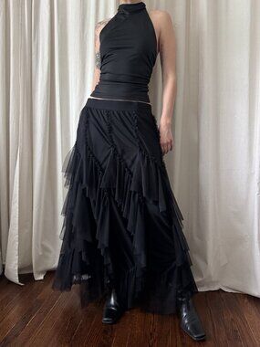 Black Tiered Chiffon Maxi Skirt | Romantic Ruffle Whimsigoth Statement Skirt